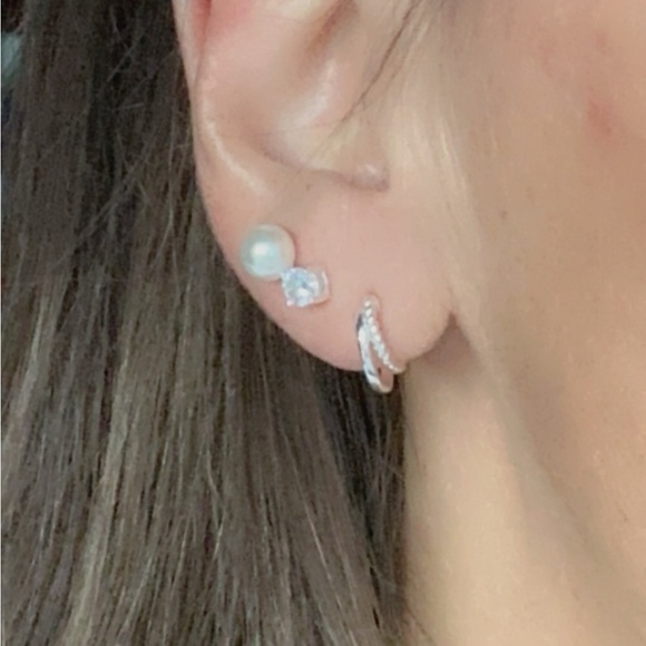 Sterling Silver Double Hoop Smooth and Twist Tiny Huggy Earrings - Picture 12 of 13